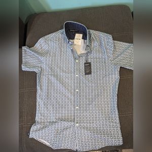 Mizzen Main Mens Geometric Leeward Short Sleeve Shirt Size Small Aqua $108 NWT